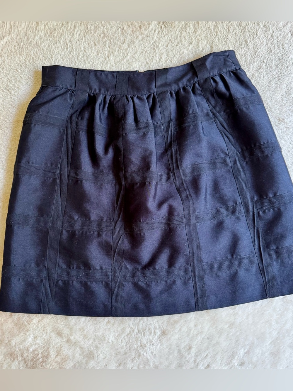 Elizabeth McKay Navy Silk Cotton Windowpane Skirt Pockets Belt Loops